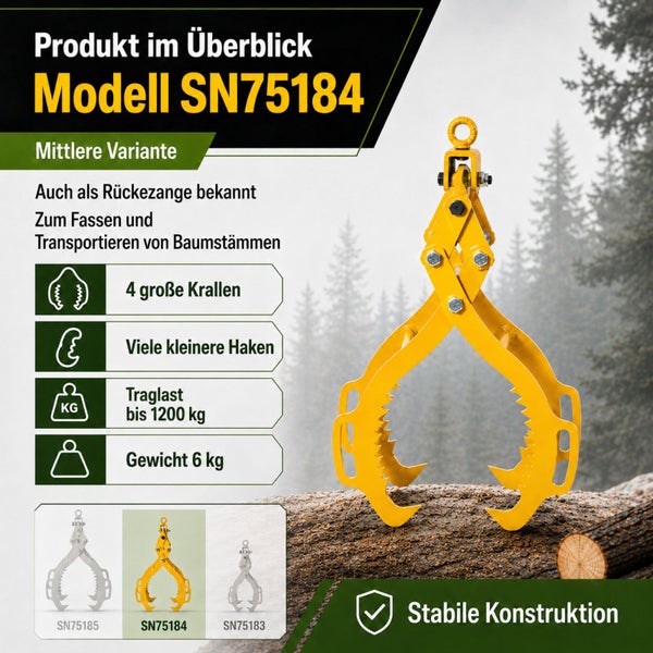 Rückezange Modell SN75184 zum Heben und Transportieren von Baumstämmen mit 1200 Kilogramm Traglast und stabiler Konstruktion.