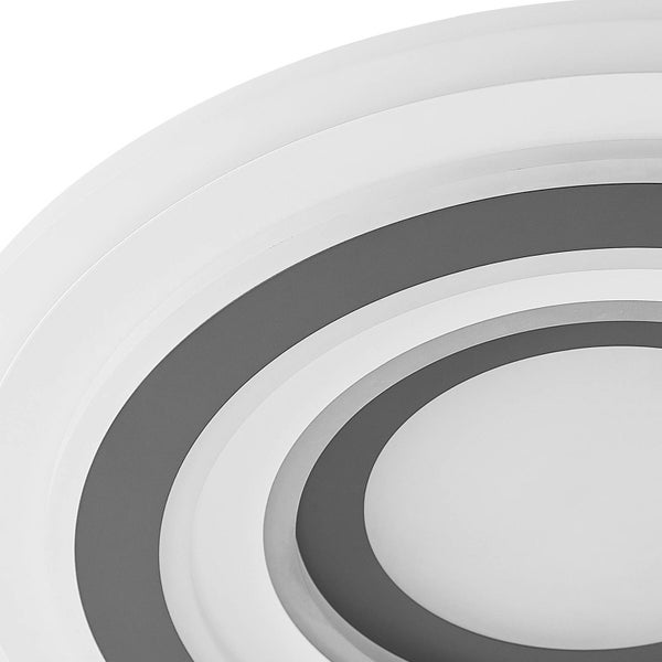 Nahaufnahme einer runden LED-Deckenleuchte mit konzentrischen Ringen in verschiedenen Grautönen.