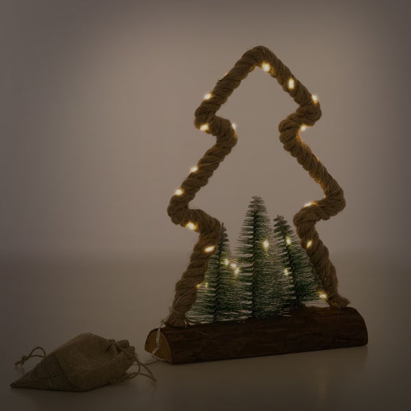 ECD Germany LED Jute Baum mit LED-Beleuchtung 23x6,5x30 cm, Deko Weihnachtsbaum aus Seil mit 30 warmweißen LEDs, 3 Tannen, Jutesäckchen, batteriebetrieben, Timer, Tannenbaum Figur Weihnachtsdeko Innen