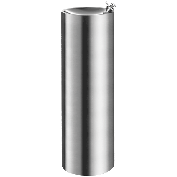 Zylindrischer Stand-Trinkbrunnen aus Edelstahl mit Armatur und Becken.