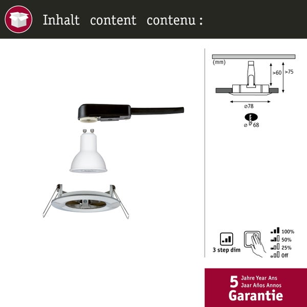 Lieferumfang eines LED-Einbaustrahlers mit Gehäuse, GU10-Leuchtmittel, Kabel, Maßen in Millimeter, dreistufigem Dimmer und fünf Jahren Garantie.