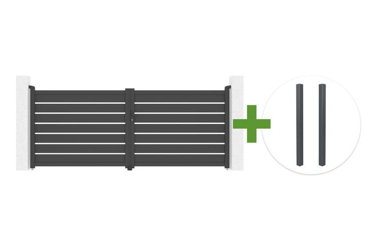 Zweiflügeliges Einfahrtstor aus Aluminium mit horizontalen Lamellen inklusive zwei Pfosten.