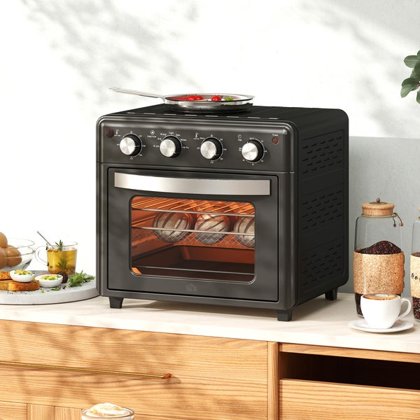 HOMCOM Minibackofen mit Umluft 30L Mini Ofen mit Backblech, Grillrost und Krümelblech, 90 °C-230 °C Heißluftfritteuse mit 7 Modi, Frittierkorb, 60 Min. Timer, 1600W, Metall