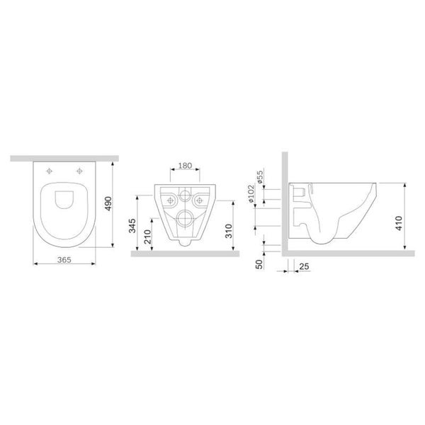 Maßzeichnung einer wandhängenden Toilette mit Angaben zu Breite, Tiefe, Höhe und Montagepunkten in Millimeter.