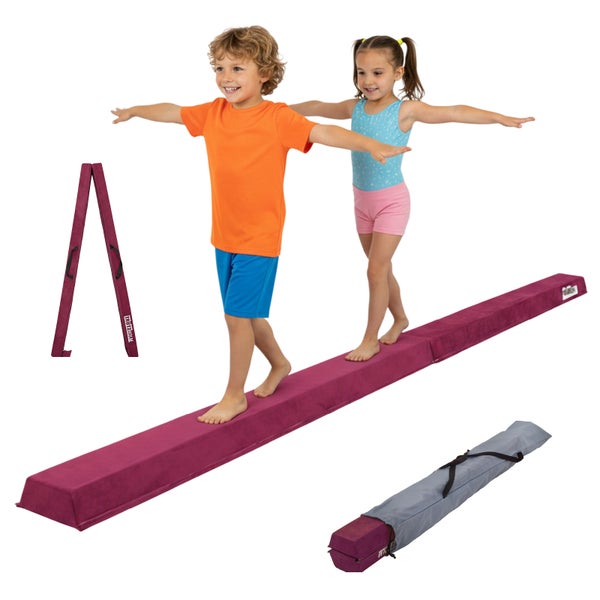Frau auf Gymnastik-Schwebebalken in einem Raum. Detailansichten zeigen circa 6 Zentimeter Höhe und eine rutschfeste Unterseite für sicheres Training.
