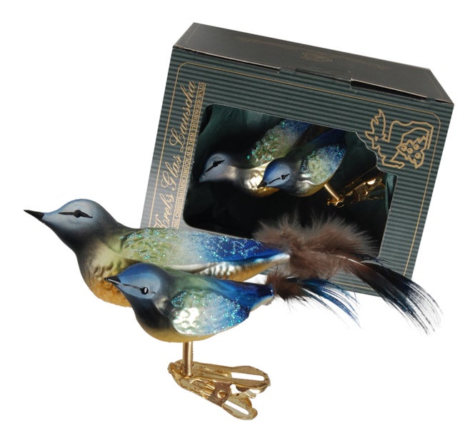 Natürlich dekorierte 9cm Doppelvögel aus Glas - Meisen - auf Clip mit 5 und 6cm Federschwanz mundgeblasen und aufwendig handdekoriert, 1 Stck.