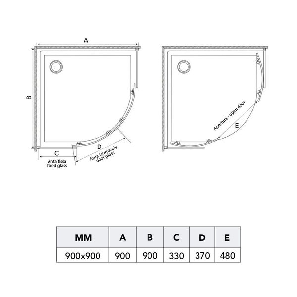 Maßzeichnung einer Viertelkreis-Duschkabine 900 mal 900 Millimeter mit Details zu Festelement, Schiebetür und Einstiegsbreite.
