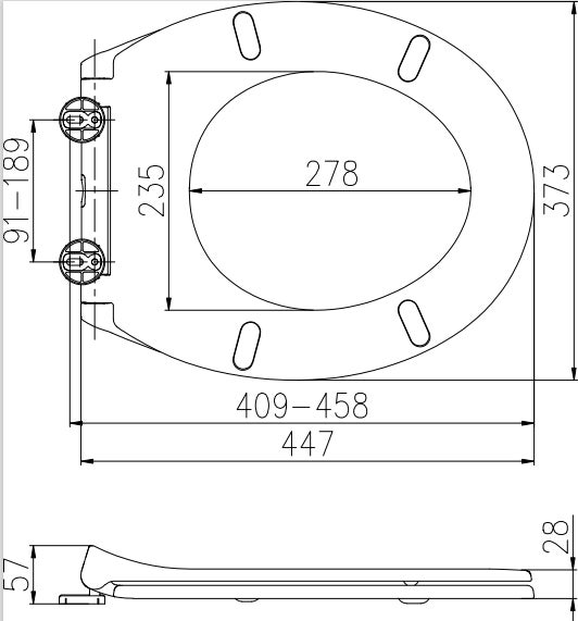 Technische Zeichnung eines Toilettensitzes mit Maßangaben