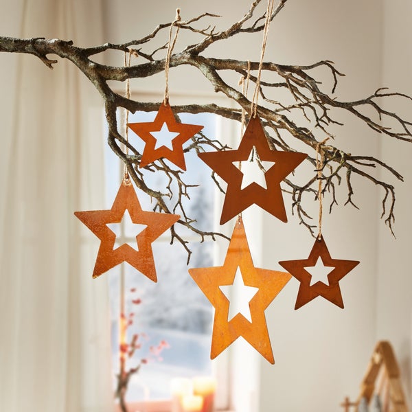 FRANK FLECHTWAREN | Metallhänger Stern, 5er Set, D: 10 cm, D: 15 cm, D: 20 cm , METALL, SISAL
