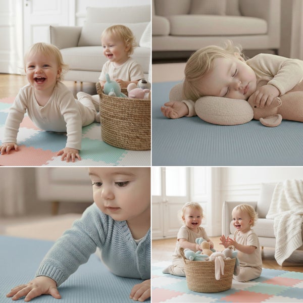Kleinkinder spielen und schlafen auf weichen Schaumstoff-Spielmatten und Puzzlematten in einem hellen Wohnzimmer.