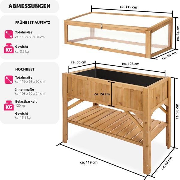 Hochbeet tectake  119 x 57 x 124 cm aus Holz, mit Ablage und Frühbeet-Aufsatz braun