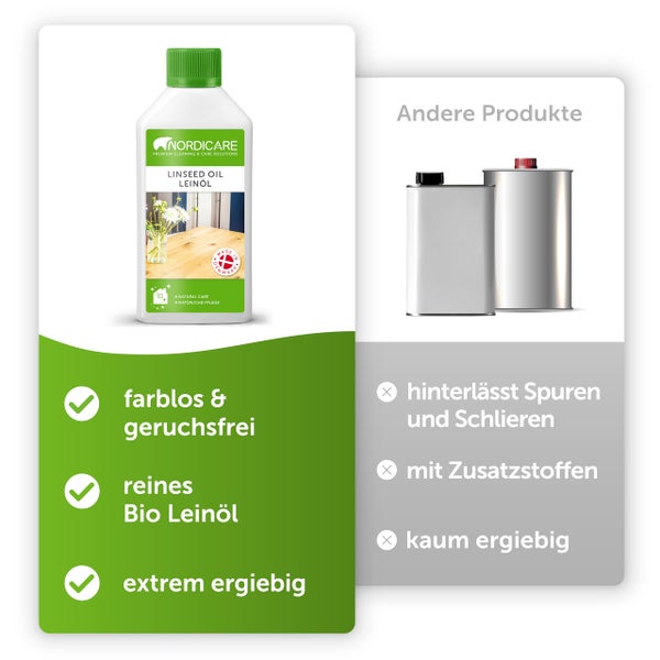 Nordicare Leinöl [500ml] für Holz zum Holzschutz I Leinöl Firnis Holzöl für Innen I Gekochtes Leinöl für Möbel Holz Öl, Leinenöl Holz