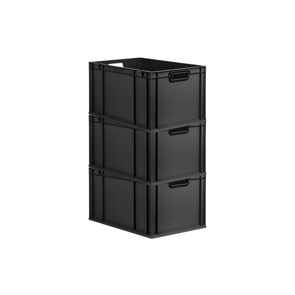 PROREGAL SuperSparSet 3x Eurobox NextGen Color, HxBxT 32x40x60cm, 65 Liter, Griffe schwarz offen, Verstärkter Boden, Schwarz, Eurobehälter, Transportbox, Transportbehälter, Stapelbehälter