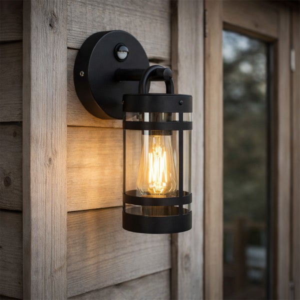 Schwarze Außenwandleuchte mit Bewegungsmelder im Laternen-Stil aus Metall und Glas mit LED-Leuchtmittel an einer Holzfassade.