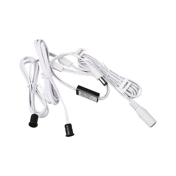Türsensor für LED-Möbelleuchten mit Kabeln, Eingangs- und Ausgangsanschlüssen.