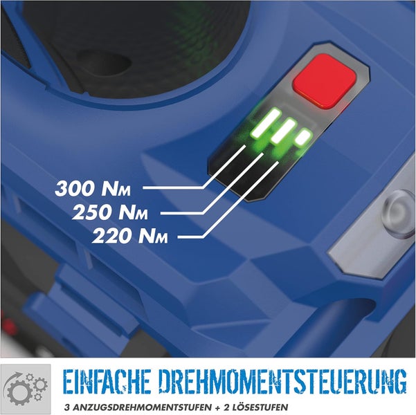 Detailansicht der Drehmomentsteuerung eines Schlagschraubers mit drei Stufen für 220, 250 und 300 Newtonmeter sowie zwei Lösestufen.