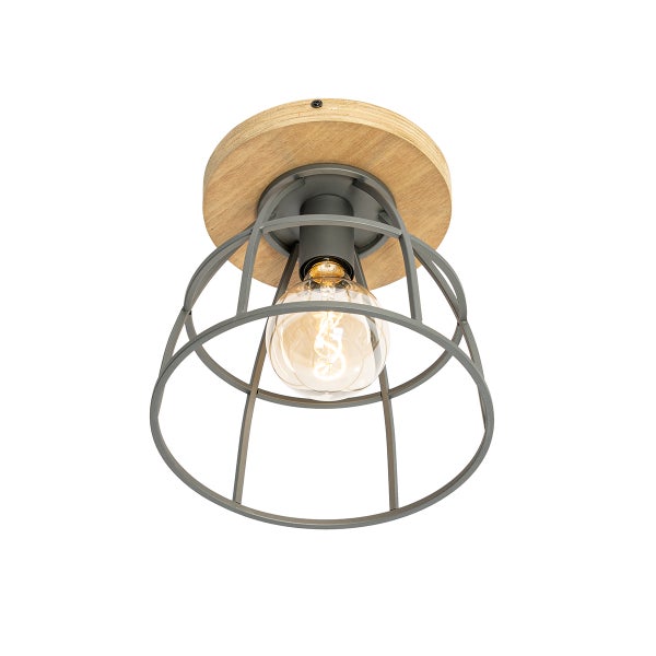 Deckenleuchte im Industrial Stil aus Holz und Metall mit einem offenen Käfigschirm