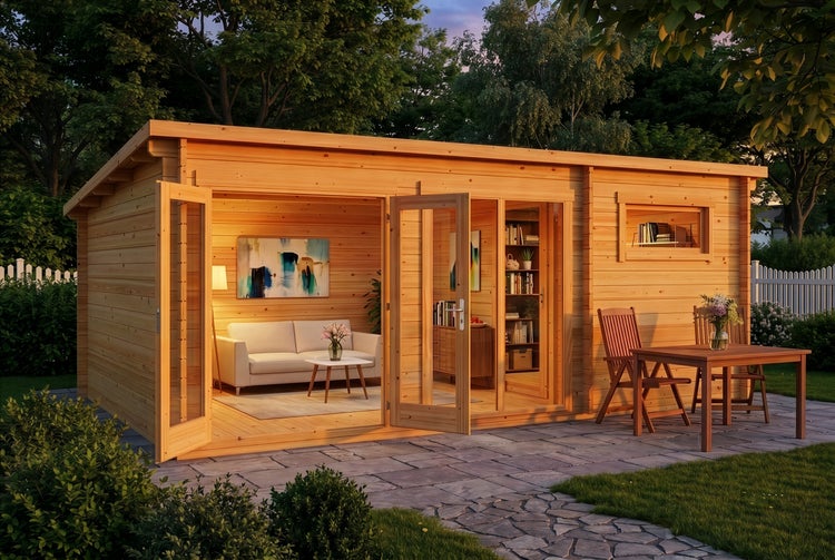Modernes Gartenhaus aus Holz mit großen Glastüren, eingerichteter Innenraum mit Sofa und hölzerner Sitzgruppe auf einer Steinterrasse.