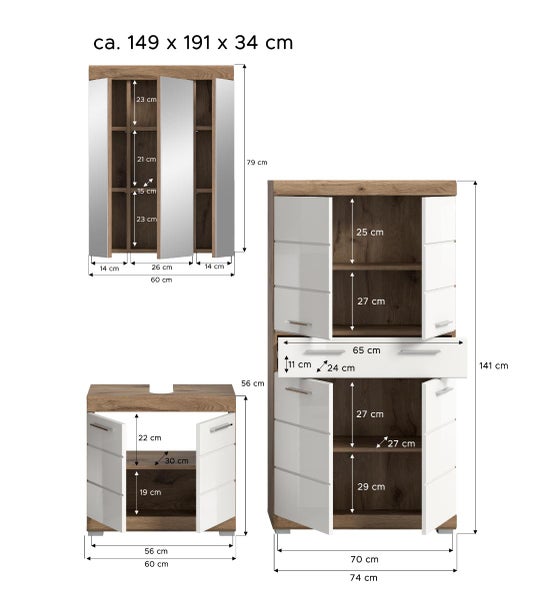 Maßskizze Badezimmermöbel-Set mit Spiegelschrank, Waschbeckenunterschrank und Hochschrank inklusive detaillierter Maße in Zentimeter.
