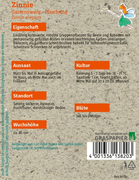 Rückseite der Samenpackung Zinnie Gartenzwerg-Mischung mit Informationen zu Aussaat, Standort, Blüte und Wuchshöhe von circa 40 Zentimetern.