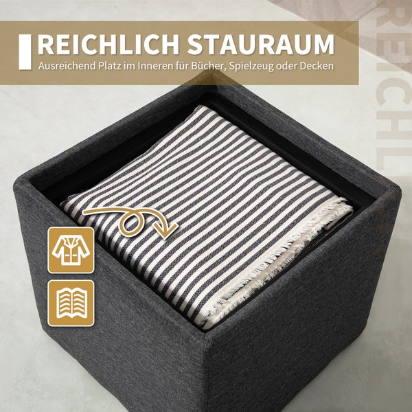 HOMCOM Sitzbank mit Stauraum, Polsterbank mit abnehmbarem Deckel, Bettbank mit Leinenoptik, für Flur Schlafzimmer Wohnzimmer, 42 x 42 x 41 cm Dunkelgrau