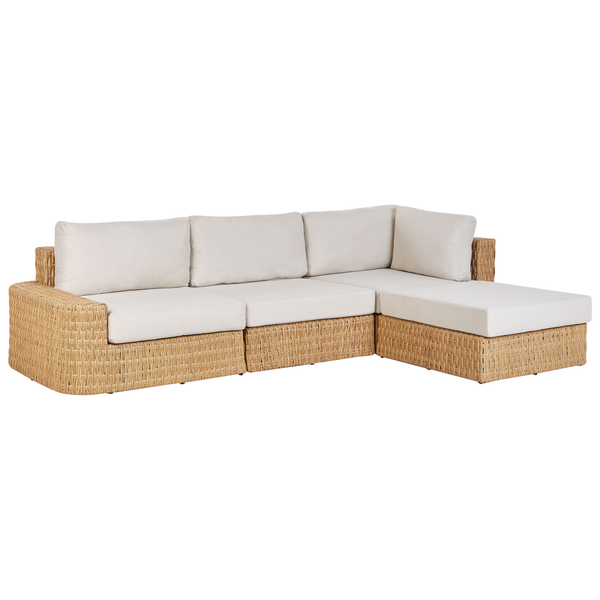 L-förmiges Garten-Lounge-Sofa aus Polyrattan-Geflecht mit Sitz- und Rückenkissen.