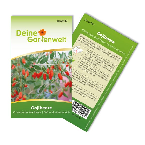 Samentüte für Gojibeere, Lycium barbarum, mit Deine Gartenwelt Logo, Abbildung der Früchte und Anbauhinweisen auf der Rückseite.