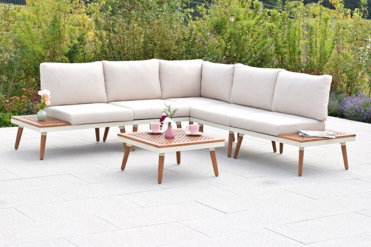 Delphi Gartenlounge Set, Eckbank mit seitlichen Ablageflächen, inkl. Sitz- und Rückenkissen, Tisch 63 x 63 cm