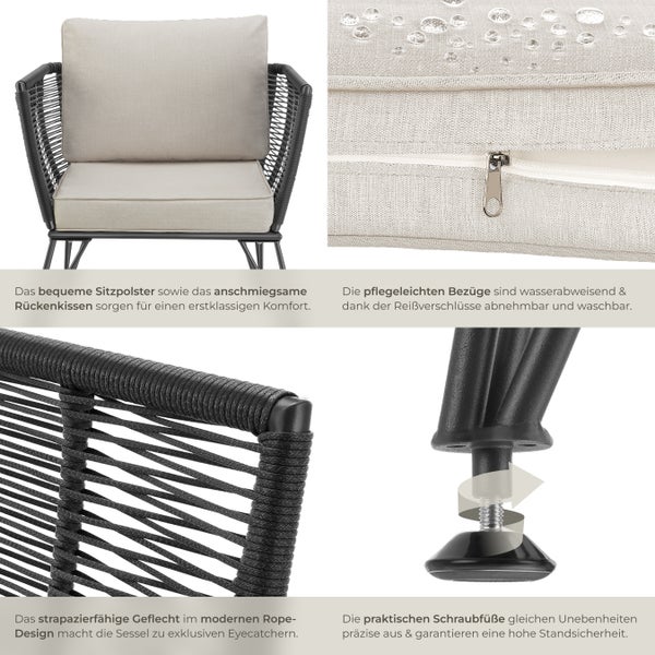 Garten-Loungesessel  tectake Sundo 75,5 x 67 x 71 cm rundes Polyrattan im Rope-Design anthrazit