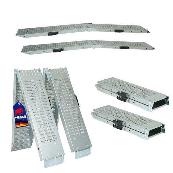 Klappbare Auffahrrampen aus verzinktem Stahl mit Tragegriffen und rutschfester Oberfläche in verschiedenen Faltpositionen, Proregal Logo.