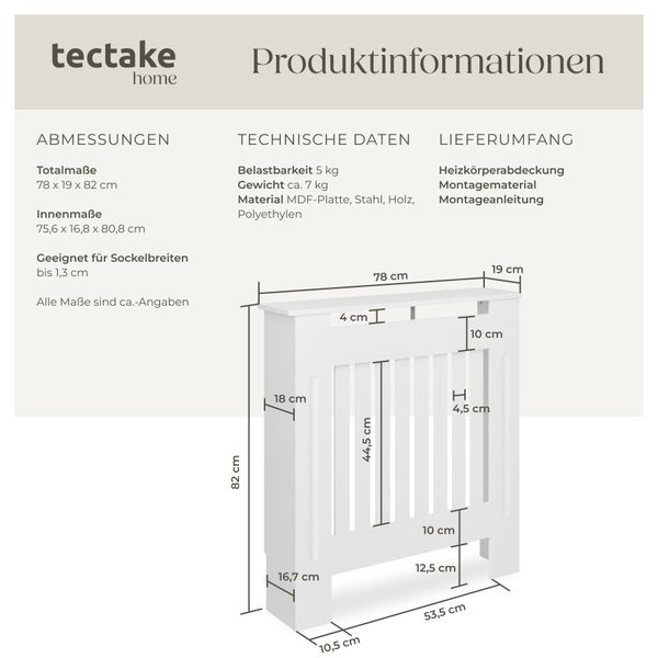 Produktinformationen Heizkörperverkleidung mit Maßangaben