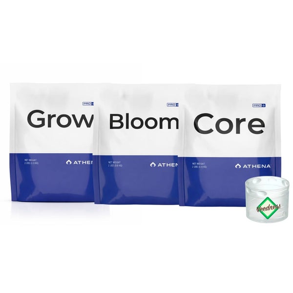 Drei Packungen Athena Pro Dünger für Wachstum, Blüte und Versorgung sowie ein Behälter