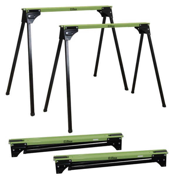 Zwei klappbare Arbeitsböcke aus Metall in Grün und Schwarz.