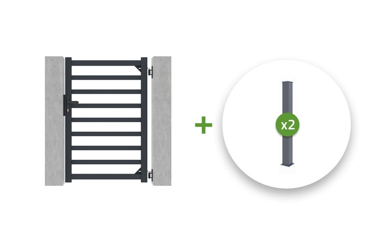Anthrazitfarbenes Metall-Gartentor mit waagerechten Streben inklusive zwei passenden Zaunpfosten.