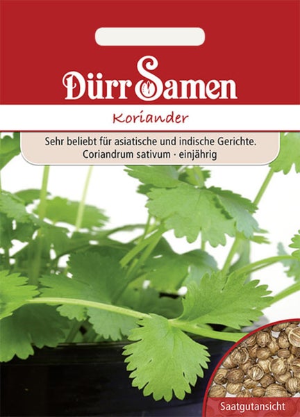 Samentüte für Koriander mit Dürr Samen Logo, Abbildung der Pflanze und Detailansicht der Samen.