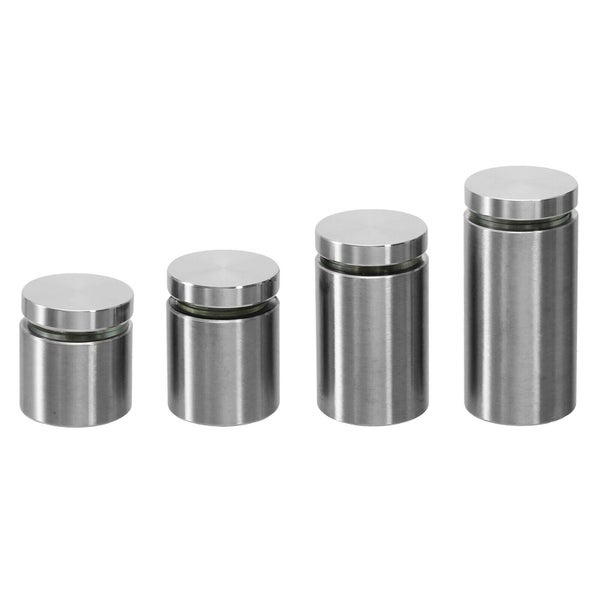 Set von vier zylindrischen Schildhaltern aus Edelstahl zur Wandmontage für Schilder und Paneele.