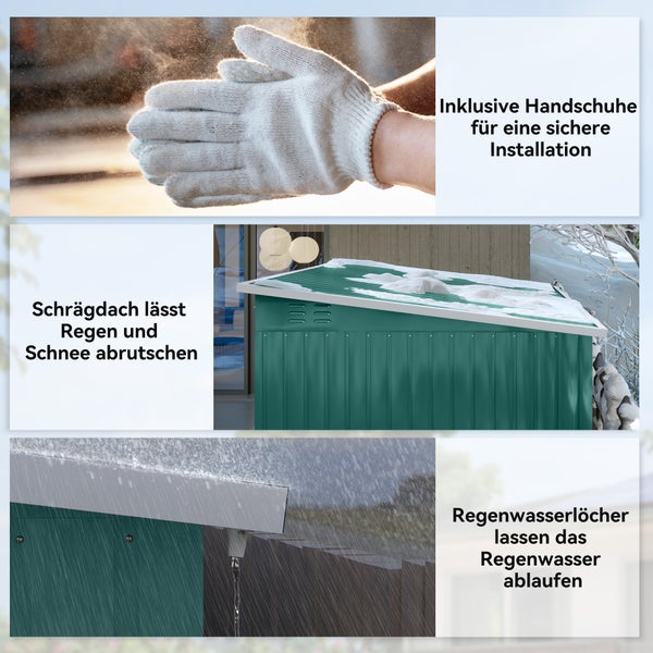 Merkmale eines Metallgerätehauses: inklusive Montagehandschuhe, Schrägdach für Regen- und Schneeablauf sowie Regenwasserlöcher für den Wasserablauf.