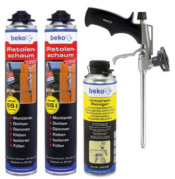 Beko Set bestehend aus zwei Dosen Pistolenschaum, einer Dose Universalreiniger und einer Schaumpistole aus Metall und Kunststoff.