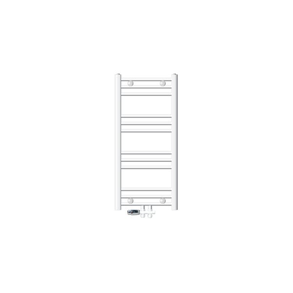 ECD Germany Badheizkörper Mittelanschluss 400 x 800 mm Weiß gerade mit Anschlussgarnitur inkl. Thermostat Durchgang Boden Weiß Heizkörper Heizung Handtuchwärmer Handtuchtrockner Handtuchheizkörper