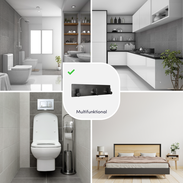 Schwarze Hakenleiste mit drei Haken, multifunktional einsetzbar in Badezimmer, Küche und Schlafzimmer.