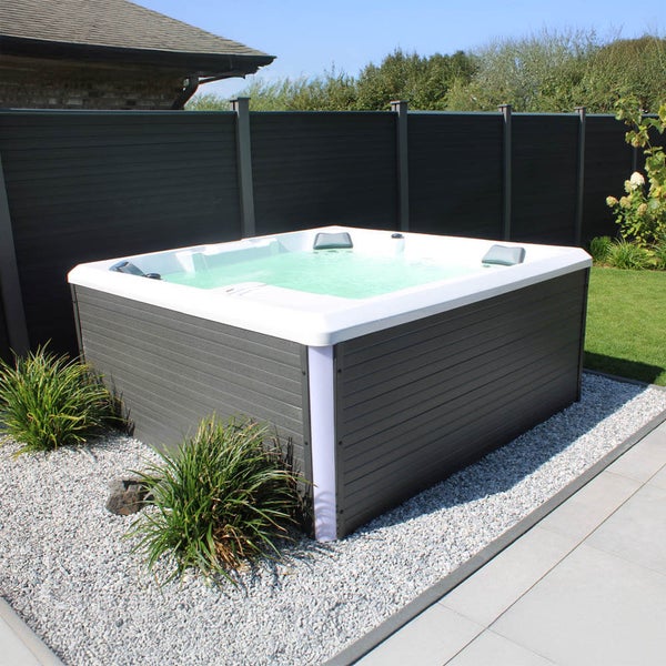Home Deluxe - Outdoor Whirlpool - STREAM BIG PLUS Treppe und Thermoabdeckung - Maße: 208 x 208 x 88 cm - Inkl. Heizung, 34 Massagedüsen und 4 äußeren Lichtquellen I Außen Whirlpool Spa für 5 Personen