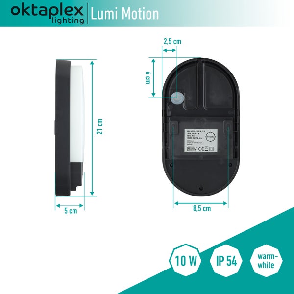 LED Aussenlampe Oval 3000K mit Bewegungsmelder IP54 10W 800Lm anthrazit elegante Aussenleuchte für Garten und Terrasse Ovallampe