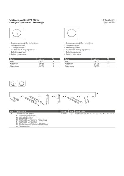 Technisches Datenblatt für MEPA Ellipse Betätigungsplatten für Unterputz-Spülkästen mit Maßen, Farbauswahl und Einzelteilen des Reparatursets.