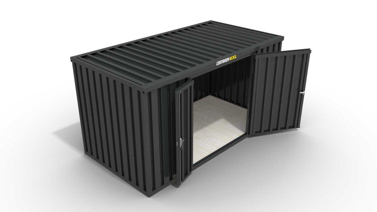 Lagercontainer Gerätehaus XL+  – 10 qm, H2532 x B5080 x T2170 mm, Außenwandlackierung anthrazit, Dach außen verzinkt, mit Holzfußboden, 1830 mm Doppelflügeltür mittig in Breitseite, Erfolgt fertig montiert