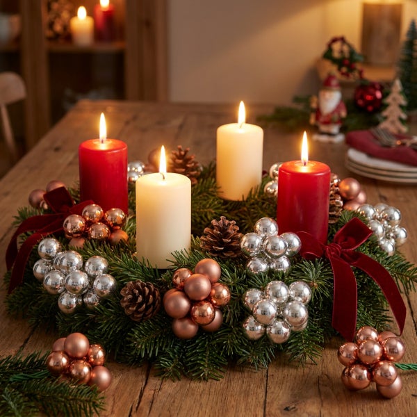 Adventskranz mit vier brennenden Stumpenkerzen geschmückt mit Weihnachtskugeln, Tannenzapfen und Dekoschleifen auf einem Holztisch.