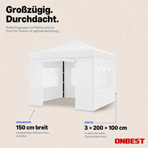 ONBEST Partyzelt in Weiß mit 150 Zentimeter breiter Eingangstür und drei Fenstern in der Größe 200 mal 100 Zentimeter.