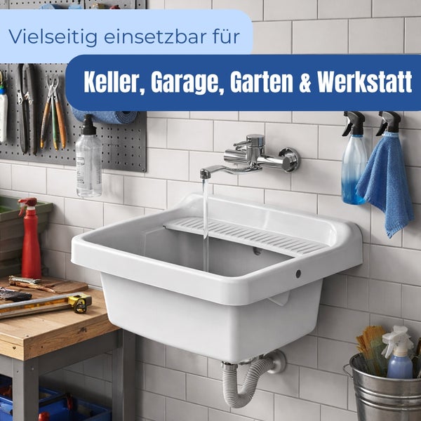Ausgussbecken aus Keramik mit Wasserhahn in Keller, Garage, Garten und Werkstatt