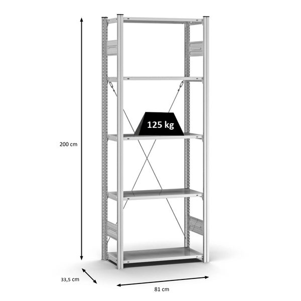 PROREGAL Profi Lagerregal Stecksystem T-Profil Grundregal HxBxT 200 x 75 x 30 cm Fachlast 125 kg Verzinkt