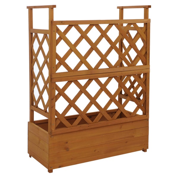 Pflanzkasten aus Holz mit integriertem Rankgitter in Rautenform für Kletterpflanzen.