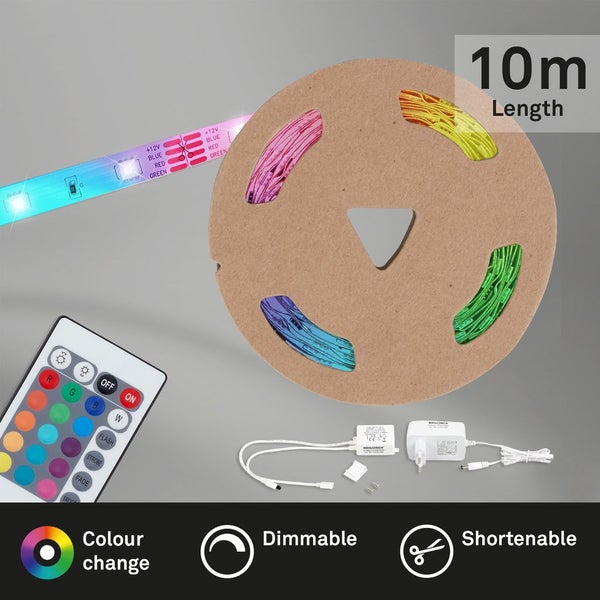 Briloner LED Streifen Set, 10 Meter Länge, inklusive Fernbedienung, Netzteil und Anschlüssen. Funktionen: Farbwechsel, dimmbar und kürzbar.